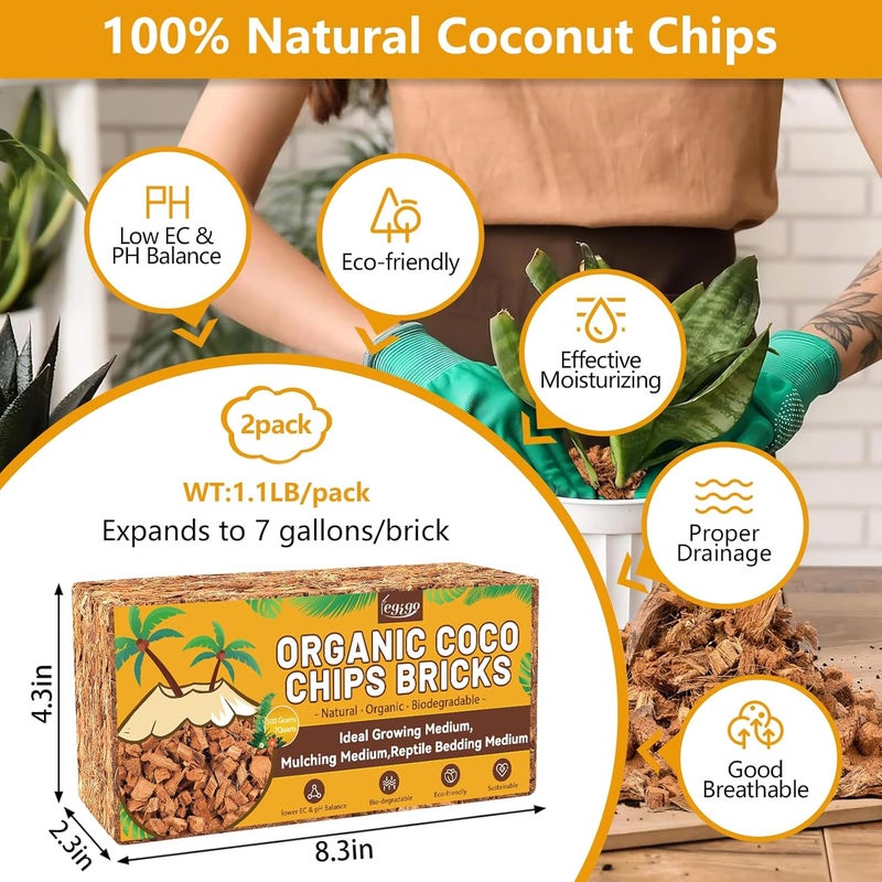 Legigo 2 Pack Coco Coir Chips for Plants- 2.2 LB 100% Organic Coconut Chips Brick Potting Mix with Low EC & PH Balance, Coconut Husk Substrate Coco Husk Mulch for Garden, Planting, Orchid and Soil Mix - Image 2